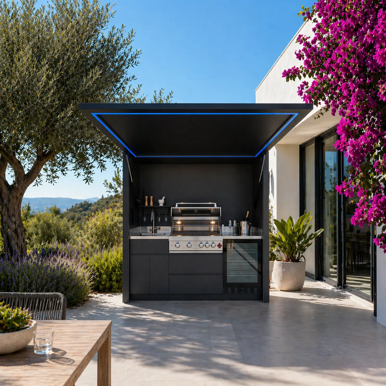 Pod Compact Design BarbecueZone — cuisine extérieure 2,20 m 100 % inox 304, plancha, grill gaz, cave à vin, éclairage LED