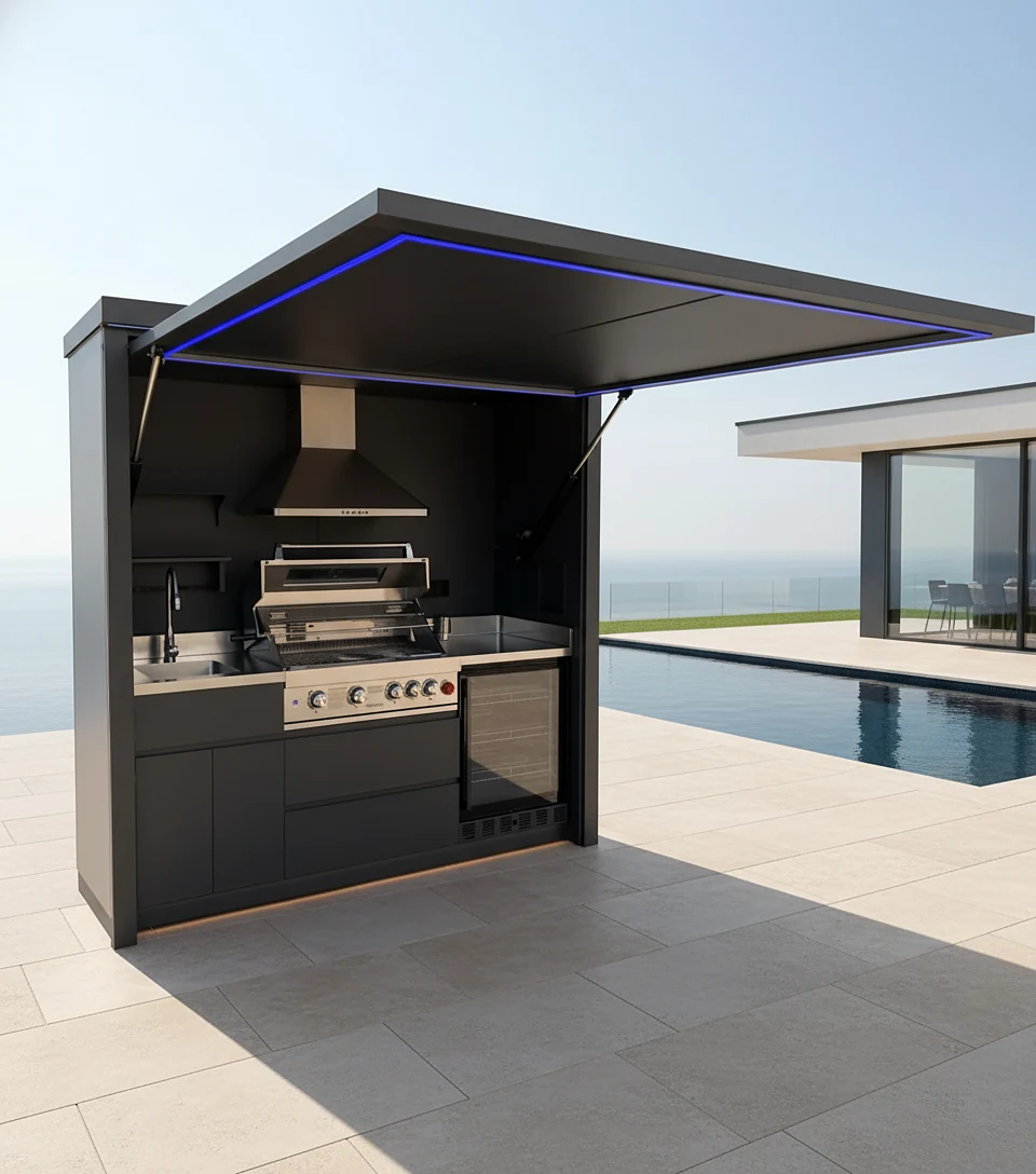 Pod Compact BarbecueZone — cuisine extérieure compacte avec barbecue gaz, cave à vin et LED bleue sur terrasse vue mer et piscine