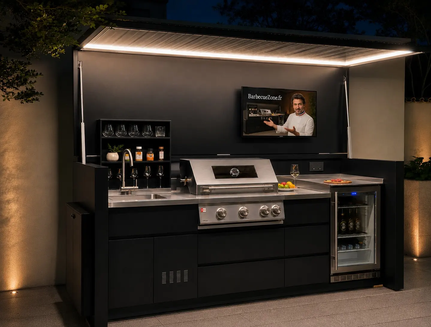 Pod Optimus Design BarbecueZone de nuit — cuisine extérieure fermée à façade rainurée anthracite, toit relevable avec bandeau LED, barbecue gaz, évier, réfrigérateur vitré, TV et enceintes Bluetooth
