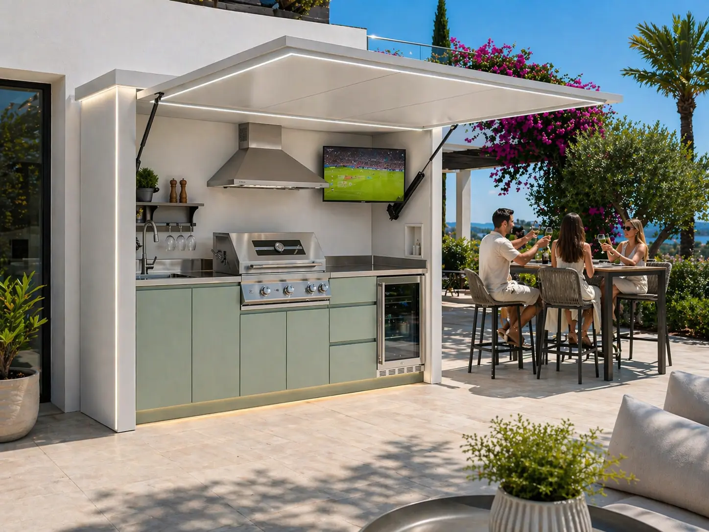 Pod Riviera Design BarbecueZone — cuisine extérieure 2,69 m 100 % inox 304, convives, plancha, grill, plan de travail inox