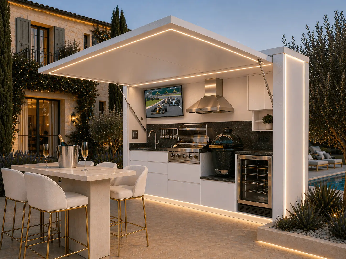 Pod Signature Design BarbecueZone — cuisine extérieure 3,50 m 100 % inox 304, jusqu'à 12 convives, combos de cuisson, éclairage LED
