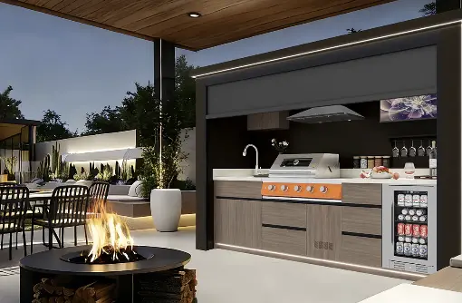 Pod Signature VR BarbecueZone — cuisine extérieure design avec volet roulant motorisé, finition noyer et brasero